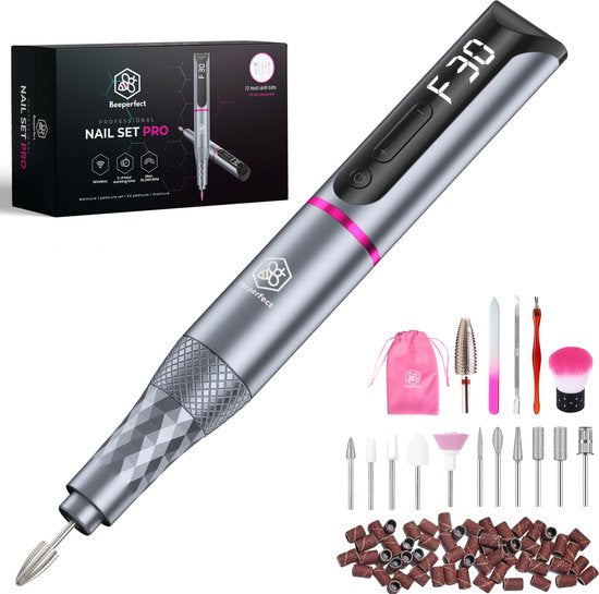 8720865048437 - Beeperfect® Cordless Electric Nail File Pro Edition - Nagelfräse - Maniküre- und Pediküre-Set - wiederaufladbar - 11 Bits und 60 Schleifrollen - 30000 U min