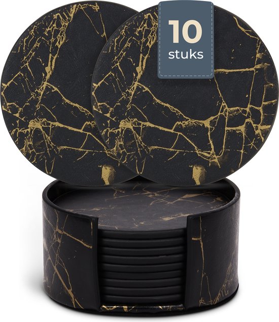 8720865397108 - Kunstleder-Untersetzer - Untersetzer für Gläser - Design-Untersetzer mit Halterung - Leder-Untersetzer-Set - Leder - 10er-Set - Marmor-Look - Schwarz Gold
