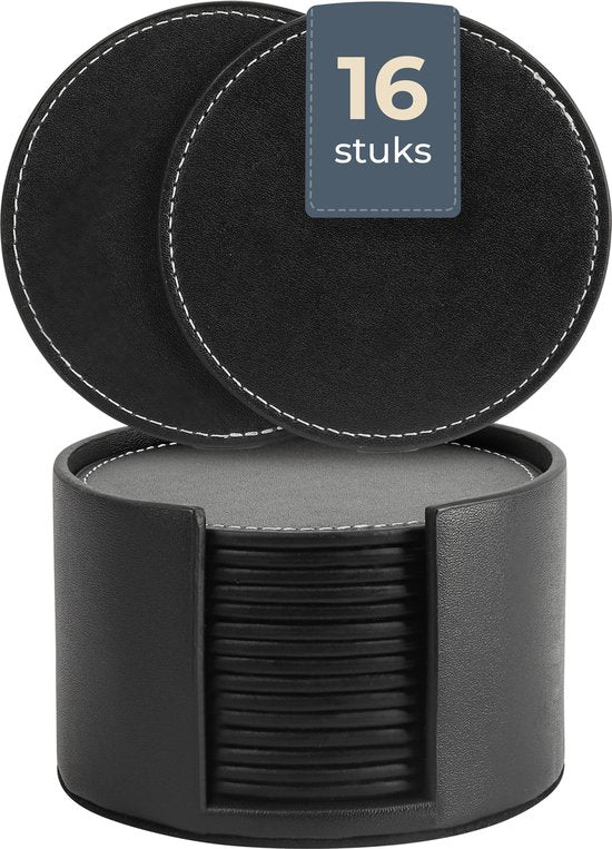 8720865397122 - Kunstleder-Untersetzer - Untersetzer für Gläser - Design-Untersetzer mit Halterung - Leder-Untersetzer-Set - Leder - Set mit 16 Stück - Schwarz mit Naht