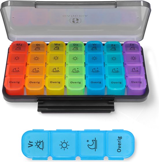 8720865397191 - Pillenbox 7 Tage - Herausnehmbare Pillenbox - Medizinbox mit 28 Fächern - Medizinbox mit stabilem Verschluss - 4 Fächer pro Tag