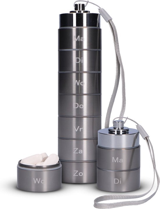 8720865397368 - Pillendose 7 Tage - Herausnehmbare Pillendose - Pillendose mit 7 Fächern - Medikamentenbox mit stabilem Verschluss - Hülle - Wasserdicht - Grau