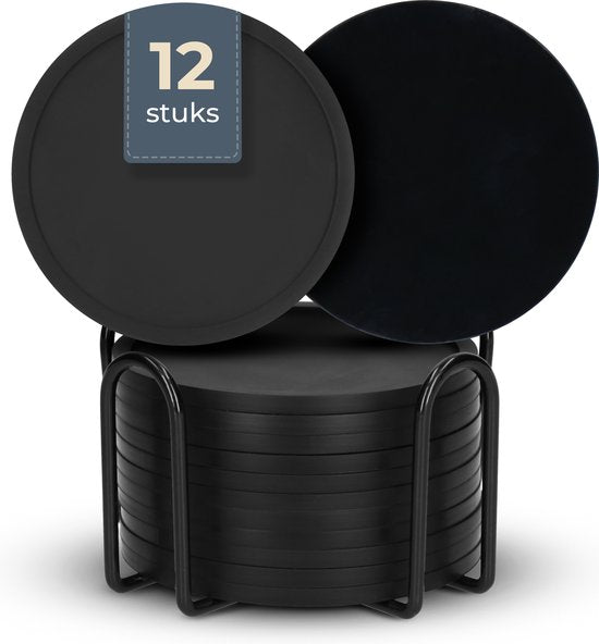 8720865397467 - Silikon-Untersetzer - Untersetzer für Gläser - Design-Untersetzer mit Halter - Untersetzer-Set - Anti-Rutsch - 12er-Set - Schwarz