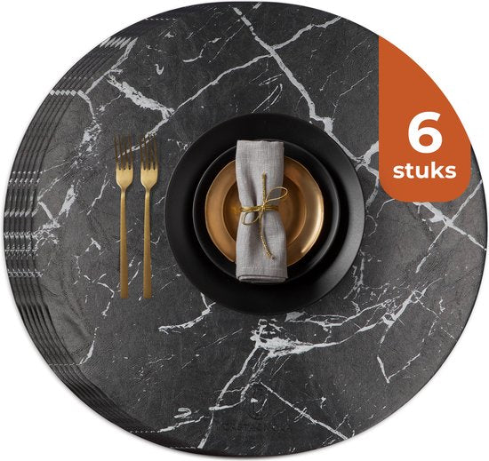 8720865397573 - Tischsets in Lederoptik - Runde Tischsets - Rutschfeste Kunstleder Tischsets - Wasserabweisende Untersetzer - Untersetzer - 6 Stück - Durchmesser 38 cm - Schwarz Weiß