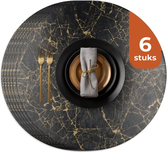 8720865397597 - Tischsets in Lederoptik - Runde Tischsets - Rutschfeste Kunstleder Tischsets - Wasserabweisende Untersetzer - Untersetzer - 6 Stück - Durchmesser 38 cm - Schwarz Gold 8720865397597 - Tischsets in Lederoptik - Runde Tischsets - Rutschfeste Kunstleder Tischsets - Wasserabweisende Untersetzer - Untersetzer - 6 Stück - Durchmesser 38 cm - Schwarz Gold