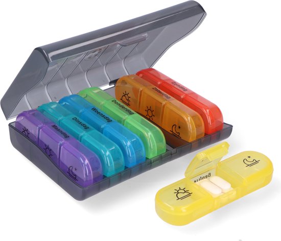8720865397634 - Pillenbox 7 Tage - Herausnehmbare Pillenbox - Medizinbox mit 21 Fächern - Medizinbox mit stabilem Verschluss - 3 Fächer pro Tag - 7 Farben