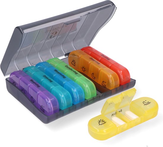 8720865397658 - Pillenbox 7 Tage - Herausnehmbare Pillenbox - Medizinbox mit 28 Fächern - Medizinbox mit stabilem Verschluss - 4 Fächer pro Tag - 7 Farben