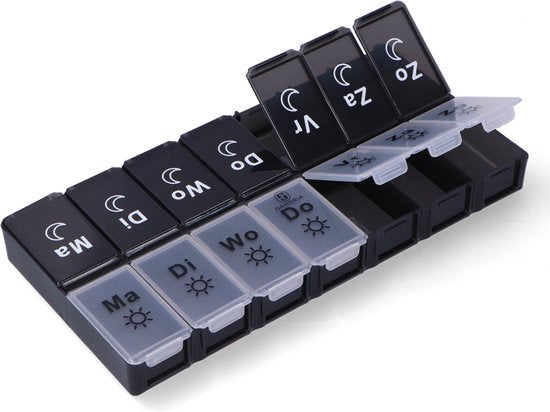 8720865397665 - Pillenbox 7 Tage - Pillenbox - Pillenbox mit 14 Fächern - Medizinbox mit stabilem Verschluss - große Fächer - Schwarz