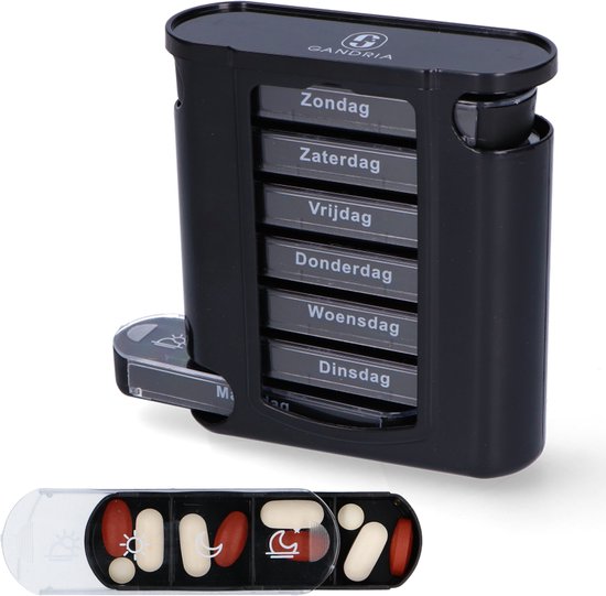 8720865397696 - Pillendose 7 Tage - Herausnehmbare Pillendose - Stapelbare Medikamentenbox mit 28 Fächern - Medikamentenbox mit stabilem Verschluss - 4 Fächer pro Tag - Schwarz
