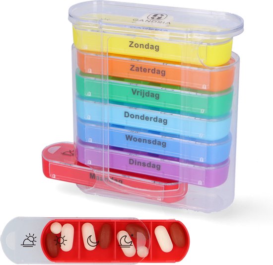 8720865397702 - Pillenbox 7 Tage - Herausnehmbare Pillenbox - Stapelbare Medizinbox mit 28 Fächern - Medizinbox mit stabilem Verschluss - 4 Fächer pro Tag - 7 Farben