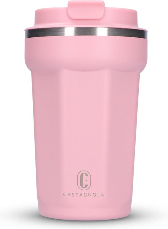 8720865397993 - Thermosbecher - Kaffeebecher To Go - Reisebecher für Kaffee und Tee - Teebecher - 380 ML - Edelstahl - Rosa - Achteck