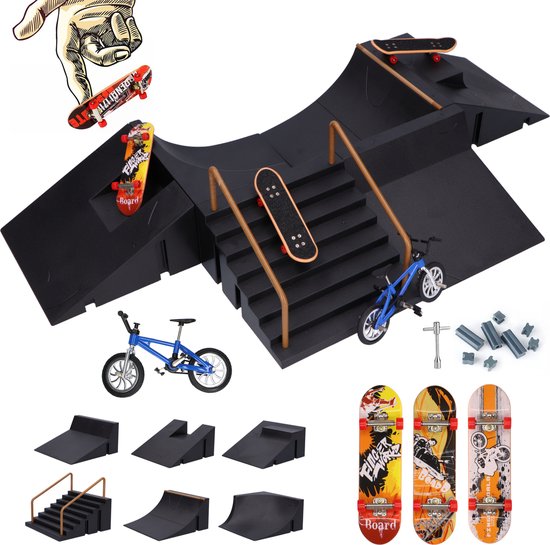 8720865482095 - Fingerboard Skatepark - 6 Rampen - 3 Skateboards - 1 BMX - Finger - Tech - Finger Skateboard - Mini - Skate-Rampe - Deck