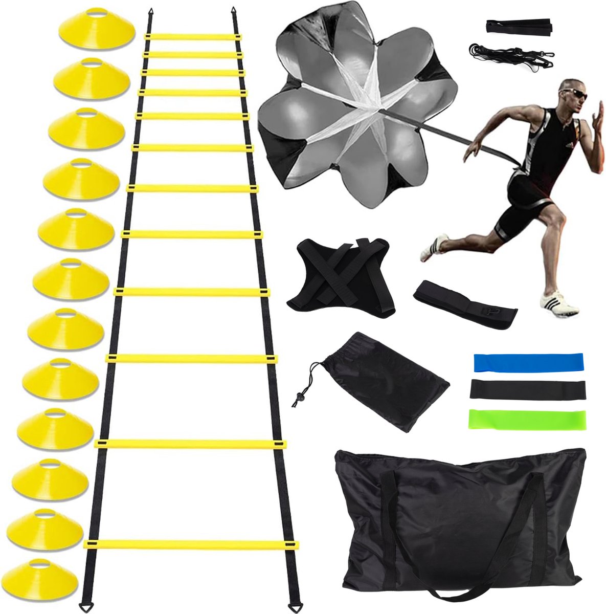 8720865541266 - Football Training Equipment Set - Trainingsausrüstung - Trainingshüte - Spielfiguren - Speed Ladder - Kegel - Resistance Bands - Resistance Parachute - Baltrainer - inkl Tragetasche