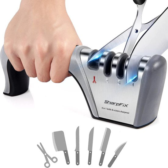 8720865582719 - 4-in-1 Messerschärfer Prime - Anti-Rutsch-Messerschärfer - Piercing Sharpener - Schärfstahl - Scherenschärfer und 3-Stufen-Messerschärfer in einem - Edelstahl