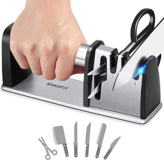 8720865582795 - 4-in-1 Messerschärfer Ultra - Anti-Rutsch-Messerschärfer - Piercing Sharpener - Wetzstahl - Scherenschärfer und 3-Stufen-Messerschärfer in einem - Edelstahl