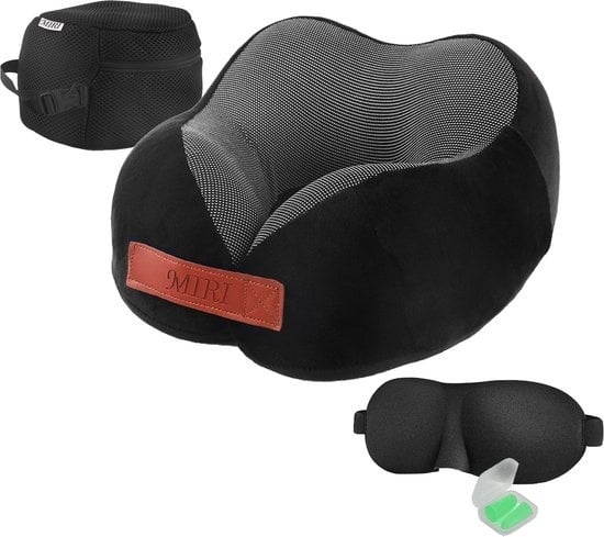8720865733043 - MiRi Reisekissen - Nackenkissen - Inklusive Ohrstöpsel und Schlafmaske - Luxus - Extrem bequem - Nackenstütze - Memory Foam - Schwarz - Memory Foam - Ergonomisch - Orthopädisch - Flugzeug   Auto   Arbeit zu Hause