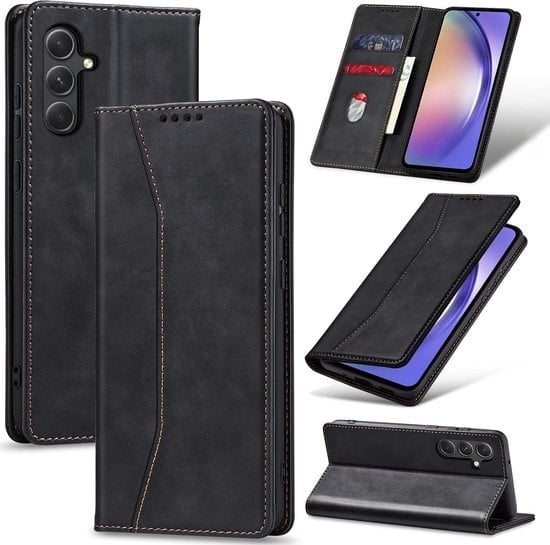 8720892196699 - Case mit Kartenhalter passend für Samsung Galaxy A54 Schwarzes Handy Case - Anti-Shock Bookcase Cover mit 1x Displayschutzfolie