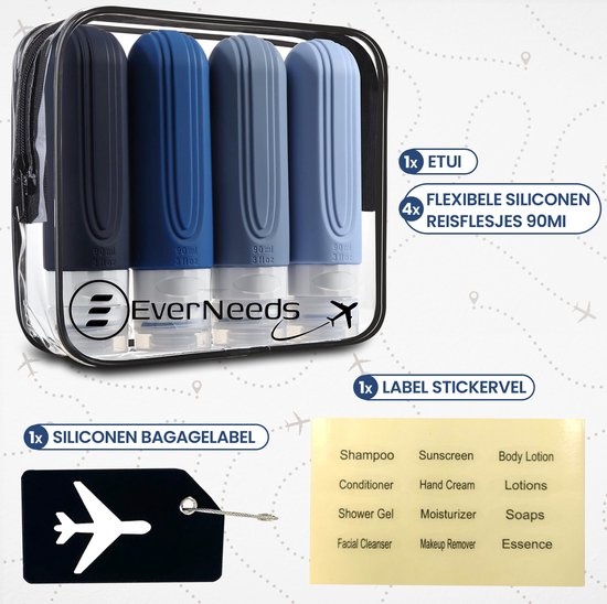 8720892210845 - Reiseflaschen mit Etui - Nachfüllbar - Silikon-Reiseflaschen Handgepäck - Blau - 4 Stück