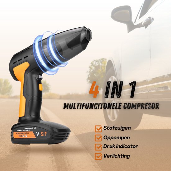 8720892219893 - 4-in-1 Luftkompressor & Handstaubsauger - Elektrische Fahrradpumpe - Reifenpumpe - Licht und Gebläse - Wiederaufladbar - Für Auto Motorrad und Fahrrad