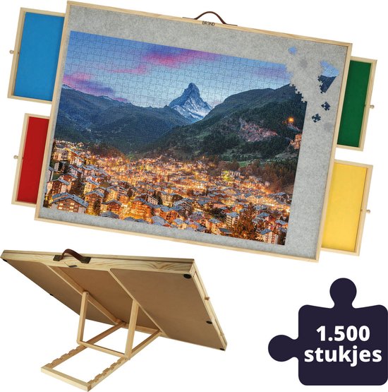 8720892329493 - BR-2224 Verstellbares Puzzlebrett mit 4 Schubladen für 1500 Teile - Puzzlebrett mit transparentem Deckel - Puzzletisch mit Filz und Aufbewahrungssystem