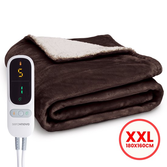 8720892482440 - Heizdecke XXL - Extra Wärmedrähte - Modell 2024 - 180x160 cm - 2 Personen Heizdecke - Wärmedecke - Doppelseitiges Fleece Sherpa - Kastanienbraun