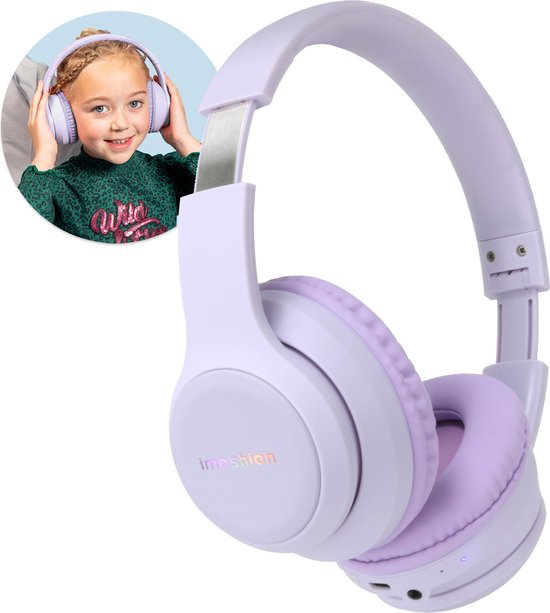 8720922181022 - Kinder-Kopfhörer mit LED-Beleuchtung - mit Dezibel-Begrenzer - Bluetooth-Kopfhörer für Kinder - drahtlose Over-Ear-Kopfhörer - Lavendel-Lila