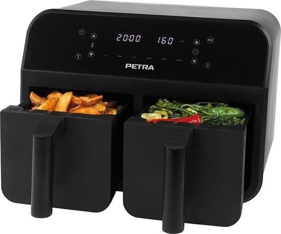 8720929470860 - Petra Double XXL Airfryer - 74 Liter Fassungsvermögen - Warmhalte- Sync- und Balance-Funktion - 6 Garprogramme - 2400W - Inkl Kochbuch