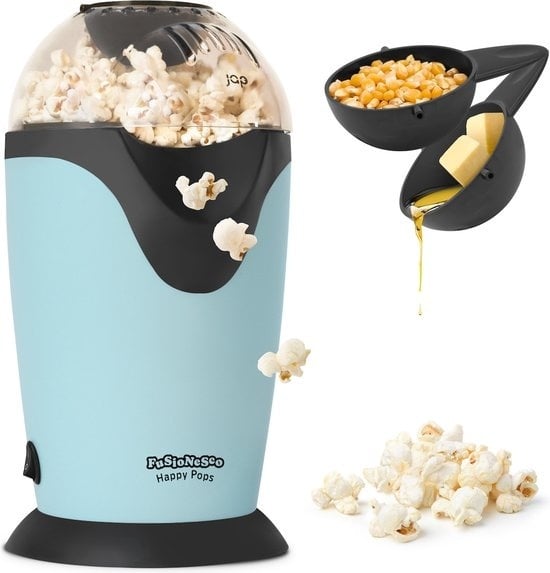 8720929471027 - Happy Pops - Retro-Popcornmaschine (2-3 Personen) 1200W - Inklusive Mess- und Butterschmelzlöffel - Fertig in 3 Minuten - Ã–lfrei - Blau