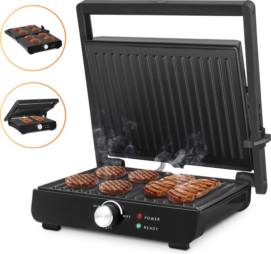 8720929477302 - Caligrill - Kontaktgrill (2000W) mit Temperaturanzeige - 180°C Ausklappbar - Inklusive Fettauffangschale -