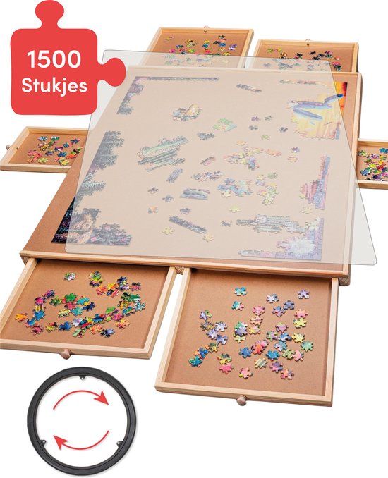 8720929621064 - Drehbares Puzzlebrett mit Aufbewahrungssystem - 6 Schubladen - 1500 Teile - Holz - Puzzletisch - Puzzlebrett - Puzzlemappe - Puzzleteller - inkl Schutzhülle - Puzzle - Matte - Koffer - Sortierschalen