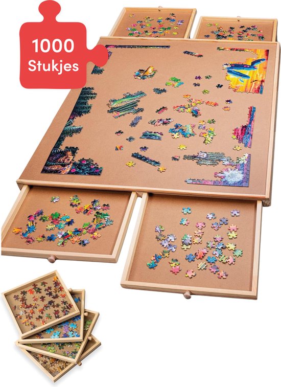 8720929621866 - Puzzlebrett mit Aufbewahrungssystem - 4 Schubladen - 1000 Teile - Holz - Puzzletisch - Puzzlebrett - Puzzlemappe - Puzzleplatte