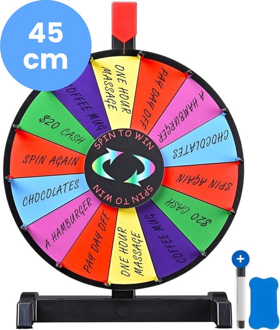 8720929623198 - Glücksrad XL - Ø45cm - 14 Schreibfächer - Mit Marker & Wischer - Drehrad - Tischrad - Brettspiel - Luxus-Edition