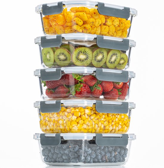 8720938082177 - Meal Prep Trays - Frischhalteschalen - Gefrierschalen - Luftdicht - 5 Stück - 1L - BPA frei - Glas