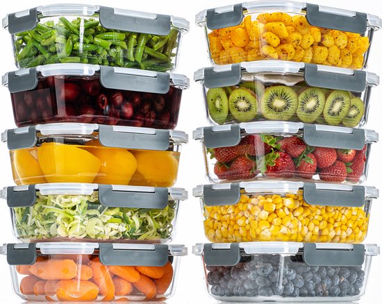 8720938082184 - Meal Prep Trays - Frischhalteschalen - Gefrierschalen - Luftdicht - 10 Stück - 1L - BPA frei - Glas