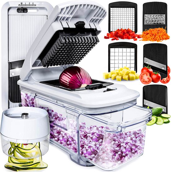 8720938082627 - Mandoline - Gemüseschneider - Zwiebelschneider - Spiralschneider - Chipsschneider - Reibe - 6-teilig - BPA frei