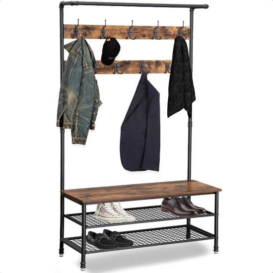 8720938245282 - Garderobe XL - Garderobenständer - Schuhablage - Stehend - Industrieschrank - Metall Holz - 100 x 415 x 182 cm - Braun Schwarz