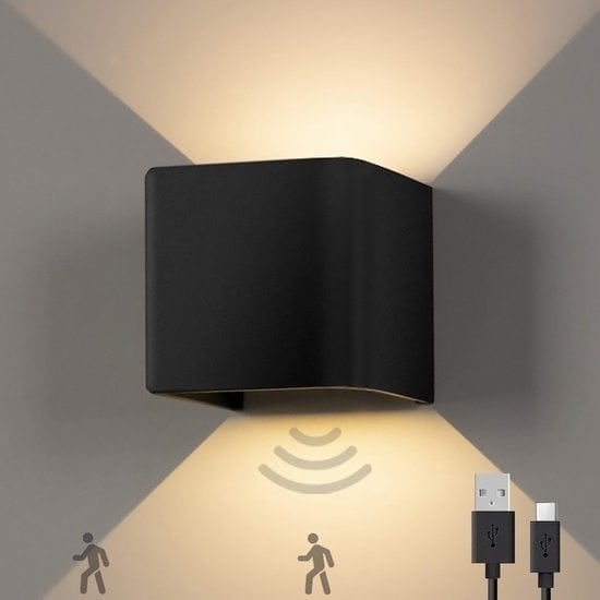 8720938245756 - Wall Lamp Rechargeable - Wandleuchte für Innenräume - Kabellos - Mit Bewegungssensor - USB-C - 4400 mAh - Warmweißes Licht - 10 x 10 x 10 cm - Schwarz