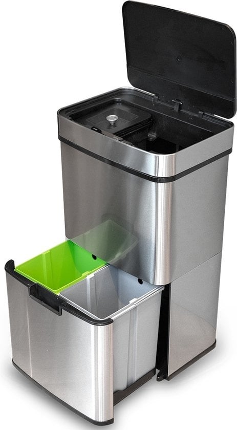 8720938245787 - Automatic Sensor Trashcan 64 Liter - Küchenabfalleimer - Abfalleimer Mülltrennung - Hands-free sensor - Feuchtigkeitsresistent - Schließrand - Langlebiger Edelstahl - 40L + 2x12L + 8L - Silber