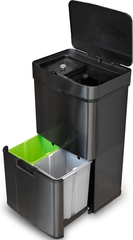 8720938245794 - Automatic Sensor Trashcan 64 Liter - Küchenabfalleimer - Abfallbehälter Abfalltrennung - Freihändiger Sensor - Feuchtigkeitsbeständig - Schließender Rand - Langlebiger Edelstahl - 40L + 2x12L + 8L - Schwarz