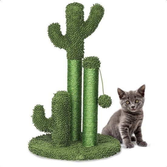 8720938245947 - Gopets Kratzbaum Cactus - Kaktus Kratzbaum mit Seil - Kratzbrett modernes Design - Kratzmöbel mit Spielzeug - 33 x 52 cm