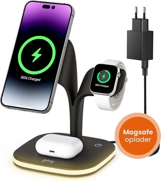 8720938245992 - 5-in-1 kabellose Qi-Ladestation - Magsafe kabelloses Ladegerät - Geeignet für iPhone Apple Watch & Airpods - Inklusive dimmbarem Nachtlicht und USB-Ausgang - 15W Schnellladegerät - Schwarz