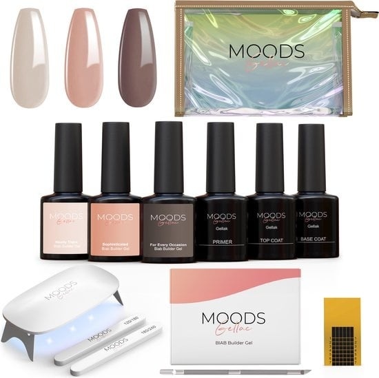 8720938298219 - Moods Gellac BIAB Starter Pack - The Nude - Builder in a Bottle - BIAB Nagellack - Inklusive UV LED Lampe Bucking Stick Nagelfeile Primer Base und Top Coat