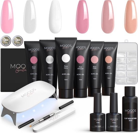 8720938298257 - MoodsGellac Luxe Polygel Kit - Polygel Nägel Starter Pack - Inklusive UV LED Lampe - 6 Farben - Nude Pink