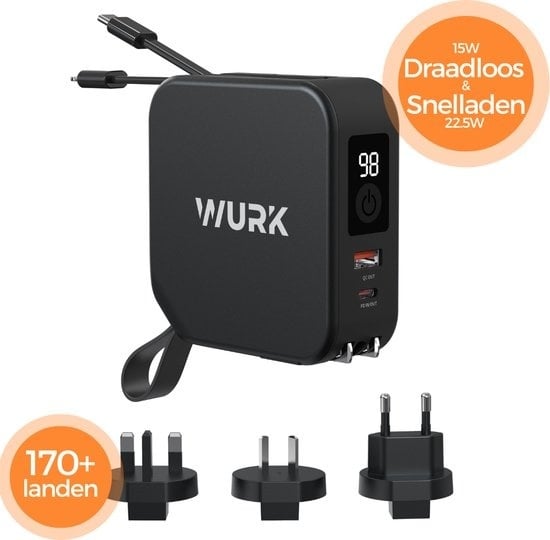 8720938298936 - Wurk 5-in-1 PowerPack - Powerbank - kabelloses Ladegerät - Reisestecker - 10000mAh - schnelles Aufladen - integriertes USB-C & Kabel