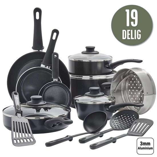 8720938482151 - 19-teiliges Induktionskochgeschirr-Set - Spezielle Antihaftbeschichtung - Ergonomische Kaltgriffe - Recyceltes Aluminium - Bratpfannen-Set - Kochtopf-Set - Schwarz - Inklusive Untersetzer und E-Book