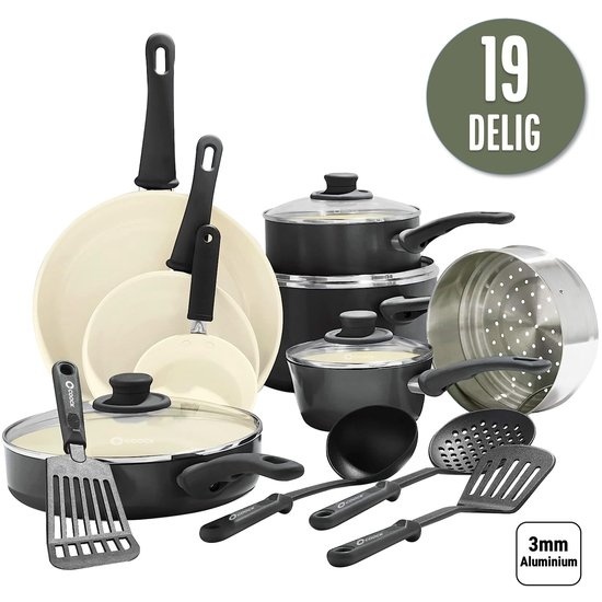 8720938482168 - 19-teiliges Induktionskochgeschirr-Set - Spezielle Antihaftbeschichtung - Ergonomische Kaltgriffe - Recyceltes Aluminium - Bratpfannen-Set - Kochtopf-Set - Schwarz Weiß - Inklusive Untersetzer und E-Book