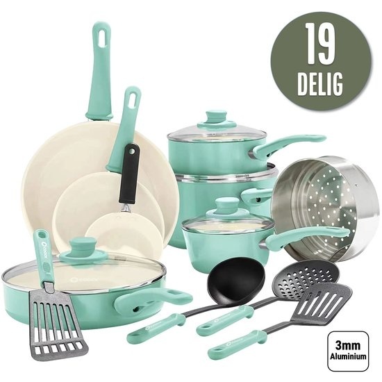 8720938482175 - COOCK 19-teiliges Pfannenset - Spezielle Antihaftbeschichtung - Ergonomische Griffe - Recyceltes Aluminium - Türkis (Grün) - Inklusive Untersetzer und E-Book