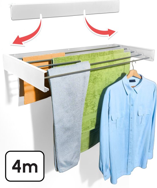 8720938693328 - Wäscheständer zusammenklappbar - Wandtrockengestell - 80 cm - Inklusive Bohrschablone - Erneuertes Modell 2025 - Wäscheständer zum Aufhängen - Ausklappbar - Wand - Aufhängbar - 4m Trocknungslänge - Weiß
