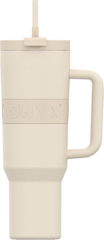 8720938923555 - ONYX Trinkflasche mit Strohhalm 12 Liter - Wasserflasche für Kinder & Erwachsene - Thermosbecher Reisebecher - Motivationstrinker - Trinkbecher für die Schule - Beige