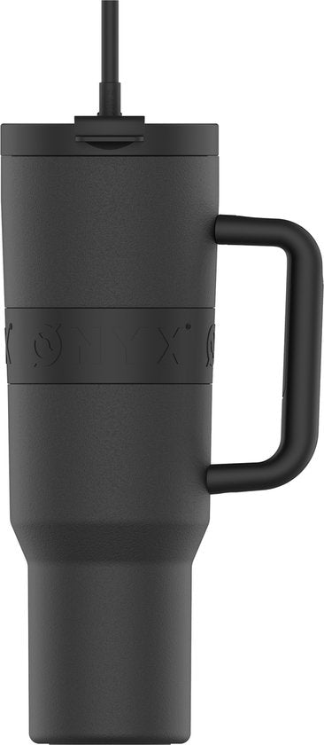 8720938923579 - ONYX Trinkflasche mit Strohhalm 12 Liter - Wasserflasche für Kinder & Erwachsene - Thermosbecher Reisebecher - Motivationstrinker - Trinkbecher für die Schule - Schwarz