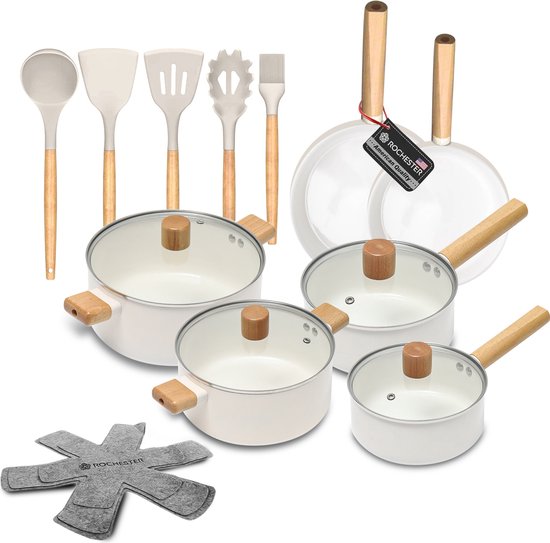 8720938923630 - 18-teiliges Topfset mit Deckeln - Set mit PFAS-freien Kochtöpfen Bratpfannen & Stieltöpfen - Bratpfannenset - Kochtopfset - Induktion - Aluminium - Beige